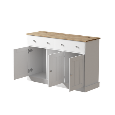 Buffet Moderne Noir et Bois avec Portes Coulissantes Rainurées et Tiroirs de Rangement IKTEK