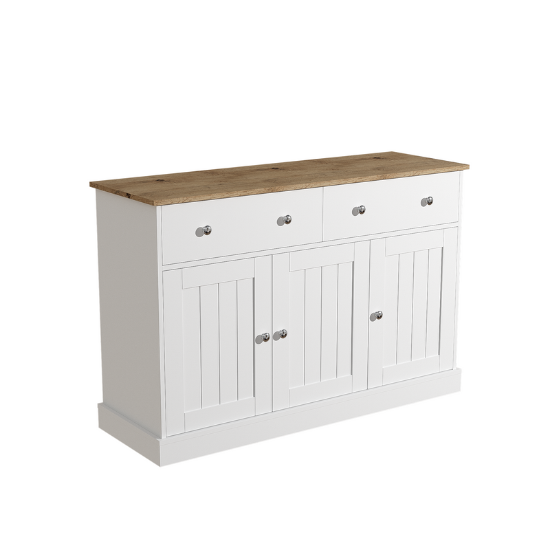 Buffet Moderne Noir et Bois avec Portes Coulissantes Rainurées et Tiroirs de Rangement IKTEK