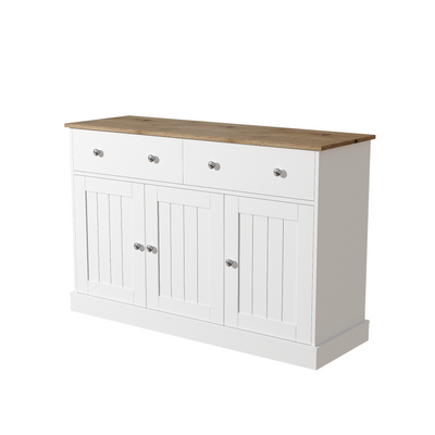 Buffet Moderne Noir et Bois avec Portes Coulissantes Rainurées et Tiroirs de Rangement IKTEK