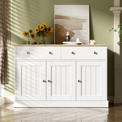 Buffet Moderne Noir et Bois avec Portes Coulissantes Rainurées et Tiroirs de Rangement IKTEK