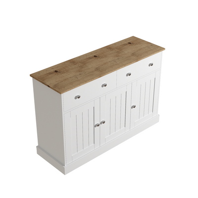 Buffet Moderne Noir et Bois avec Portes Coulissantes Rainurées et Tiroirs de Rangement IKTEK