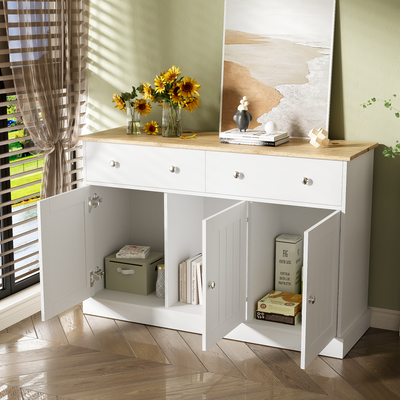 Buffet Moderne Noir et Bois avec Portes Coulissantes Rainurées et Tiroirs de Rangement IKTEK