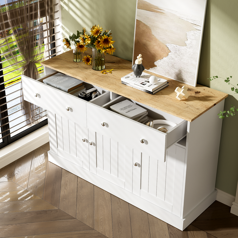 Buffet Moderne Noir et Bois avec Portes Coulissantes Rainurées et Tiroirs de Rangement IKTEK