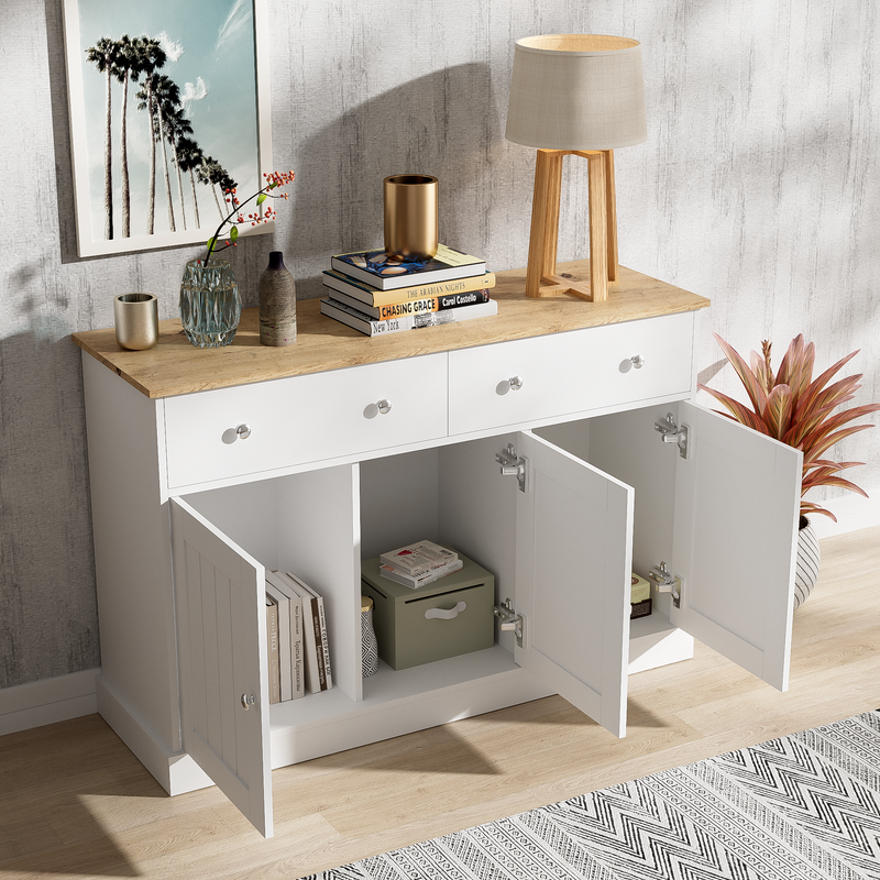 Buffet Moderne Noir et Bois avec Portes Coulissantes Rainurées et Tiroirs de Rangement IKTEK