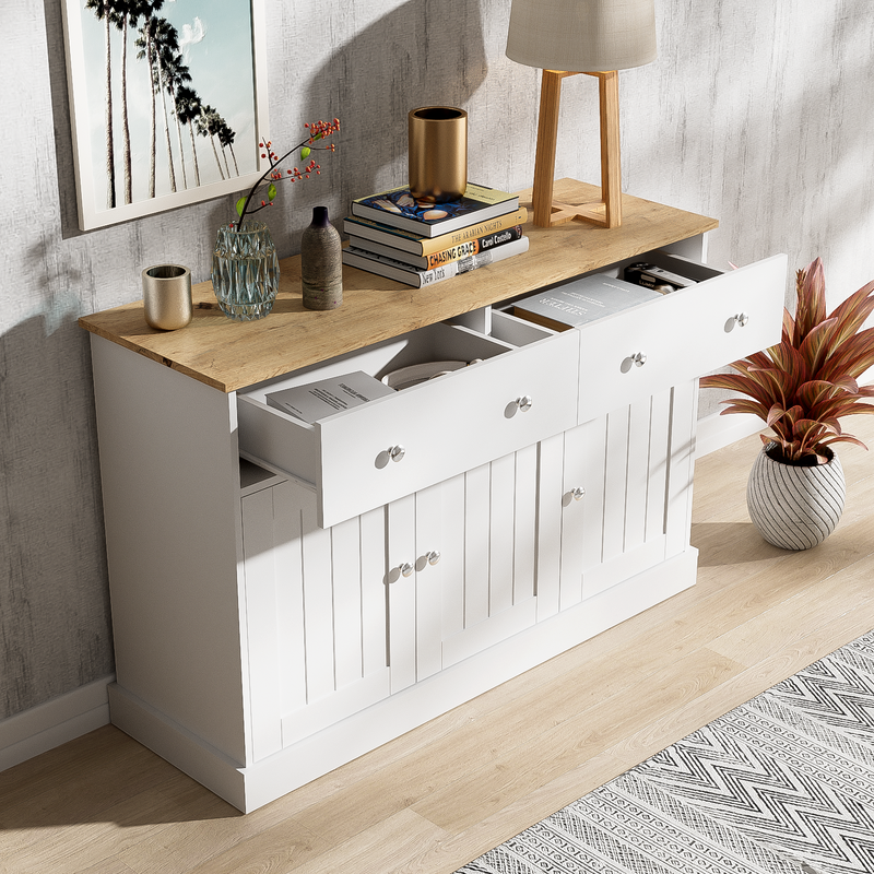 Buffet Moderne Noir et Bois avec Portes Coulissantes Rainurées et Tiroirs de Rangement IKTEK