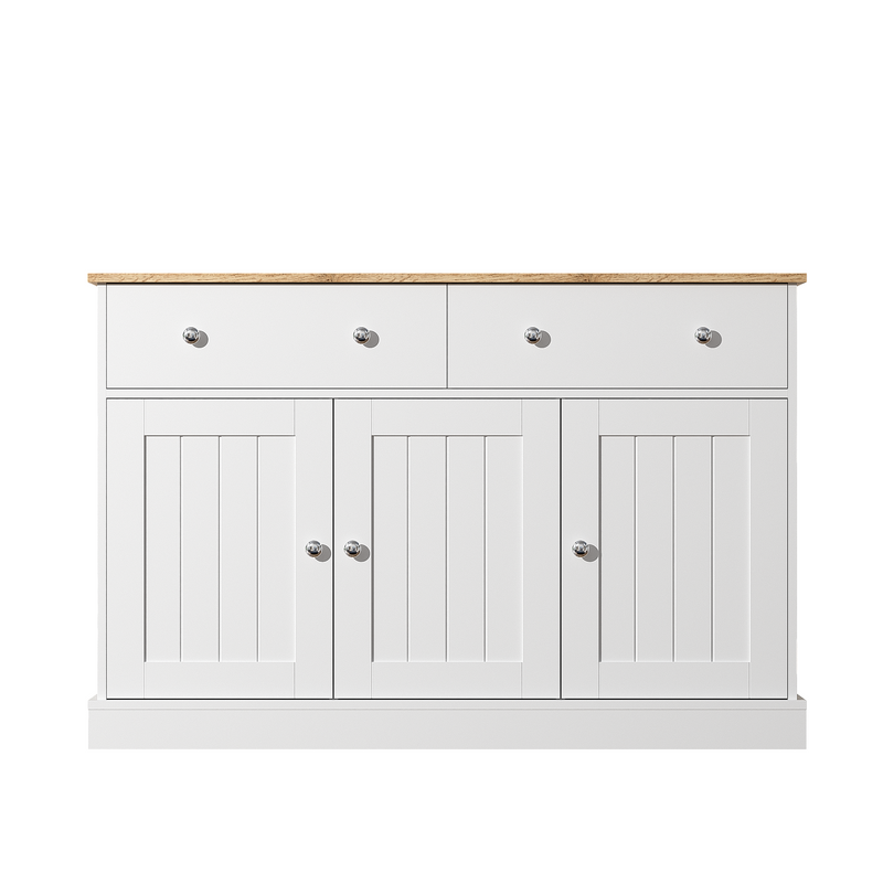 Buffet Moderne Noir et Bois avec Portes Coulissantes Rainurées et Tiroirs de Rangement IKTEK