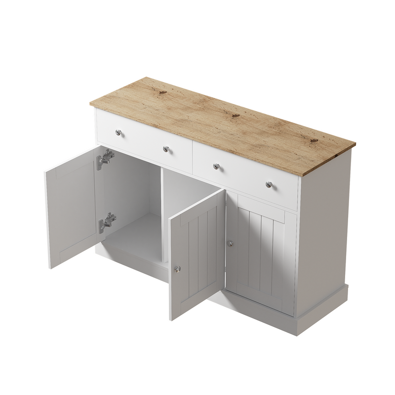 Buffet Moderne Noir et Bois avec Portes Coulissantes Rainurées et Tiroirs de Rangement IKTEK