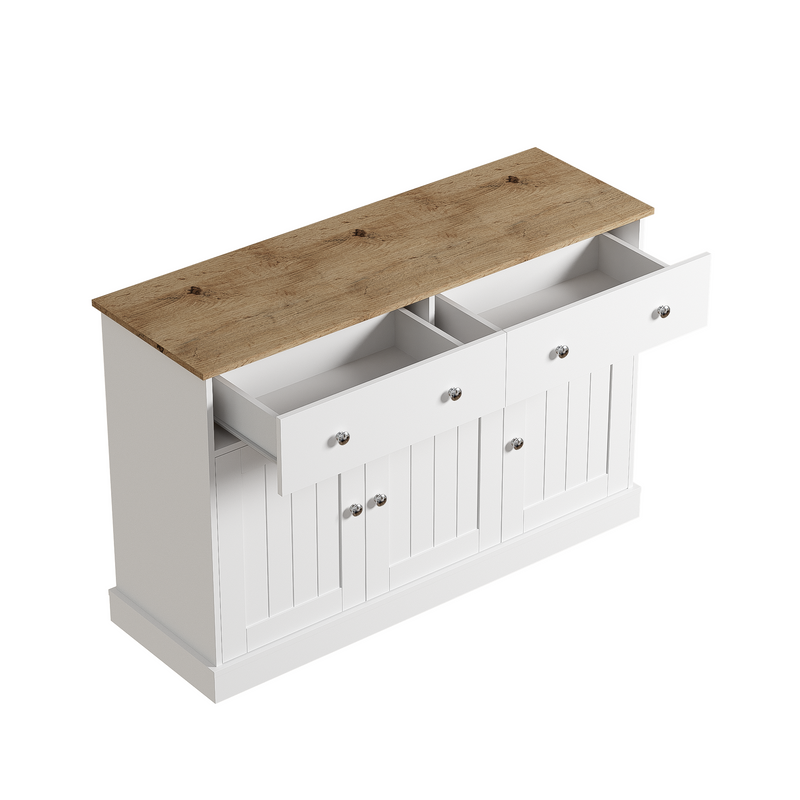 Buffet Moderne Noir et Bois avec Portes Coulissantes Rainurées et Tiroirs de Rangement IKTEK