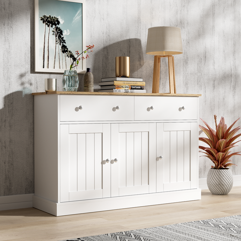 Buffet Moderne Noir et Bois avec Portes Coulissantes Rainurées et Tiroirs de Rangement IKTEK