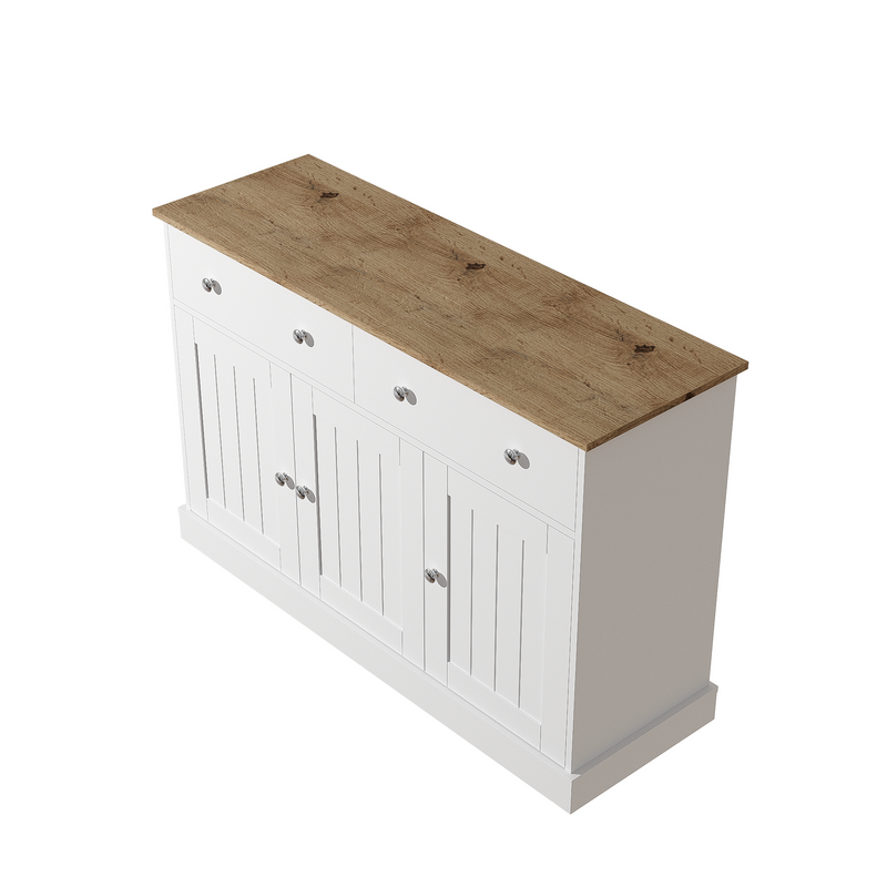 Buffet Moderne Noir et Bois avec Portes Coulissantes Rainurées et Tiroirs de Rangement IKTEK