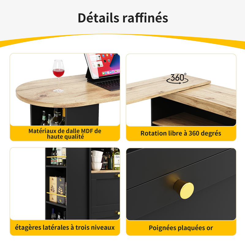 Armoire Modulaire Pivotante à 360° Noire avec Étagères Latérales, 4 Tiroirs et Détails Dorés ILTAILL