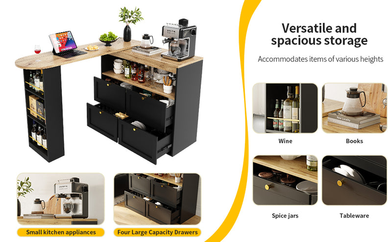 Armoire Modulaire Pivotante à 360° Noire avec Étagères Latérales, 4 Tiroirs et Détails Dorés ILTAILL