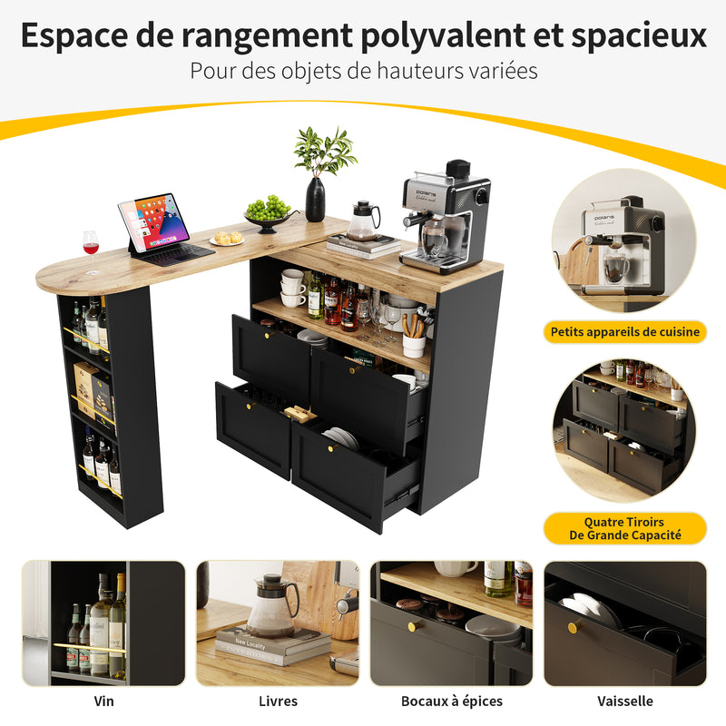 Armoire Modulaire Pivotante à 360° Noire avec Étagères Latérales, 4 Tiroirs et Détails Dorés ILTAILL