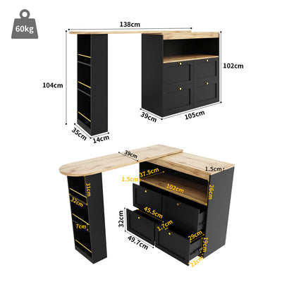 Armoire Modulaire Pivotante à 360° Noire avec Étagères Latérales, 4 Tiroirs et Détails Dorés ILTAILL