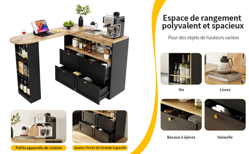 Armoire Modulaire Pivotante à 360° Noire avec Étagères Latérales, 4 Tiroirs et Détails Dorés ILTAILL