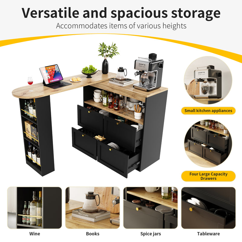 Armoire Modulaire Pivotante à 360° Noire avec Étagères Latérales, 4 Tiroirs et Détails Dorés ILTAILL