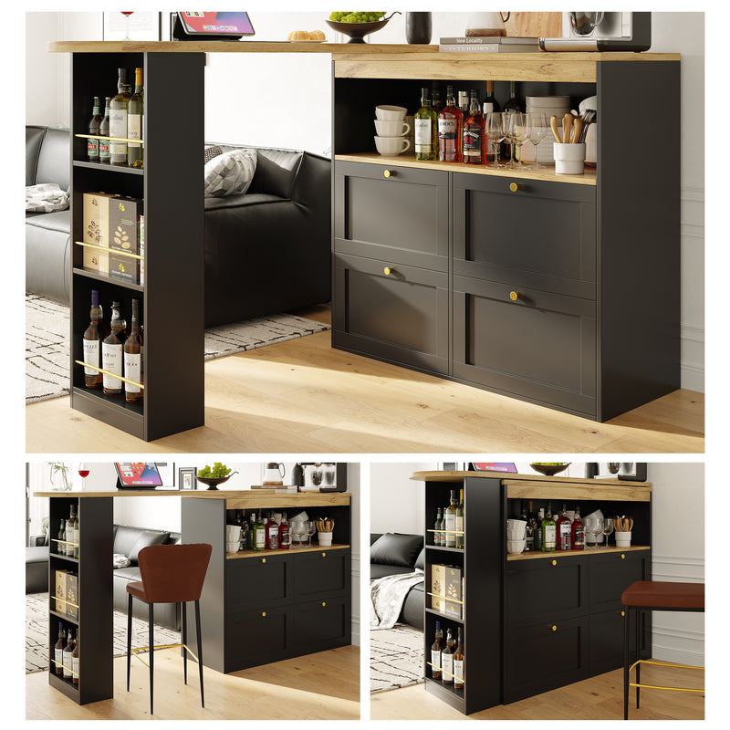Armoire Modulaire Pivotante à 360° Noire avec Étagères Latérales, 4 Tiroirs et Détails Dorés ILTAILL