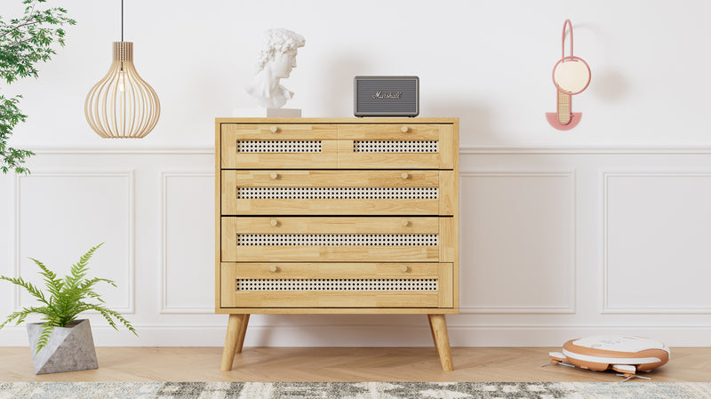 Commode Classique Naturelle avec 3 Tiroirs en Rotin et Compartiment Rabattable INNURS