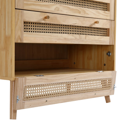 Commode Classique Naturelle avec 3 Tiroirs en Rotin et Compartiment Rabattable INNURS