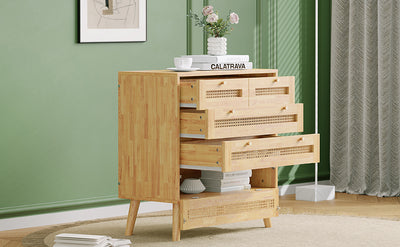 Commode Classique Naturelle avec 3 Tiroirs en Rotin et Compartiment Rabattable INNURS