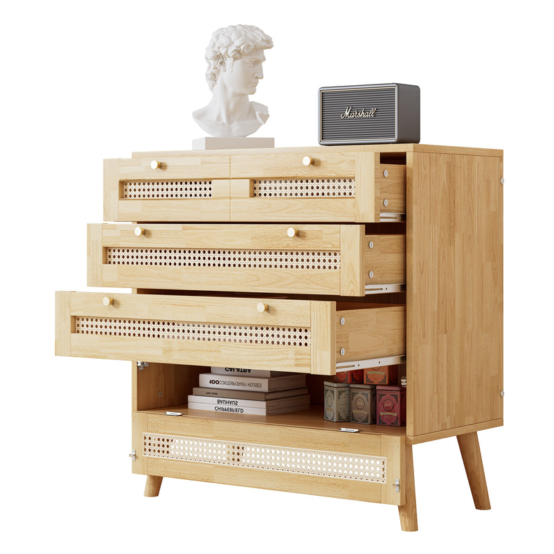 Commode Classique Naturelle avec 3 Tiroirs en Rotin et Compartiment Rabattable INNURS