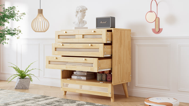 Commode Classique Naturelle avec 3 Tiroirs en Rotin et Compartiment Rabattable INNURS