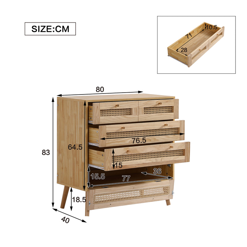 Commode Classique Naturelle avec 3 Tiroirs en Rotin et Compartiment Rabattable INNURS