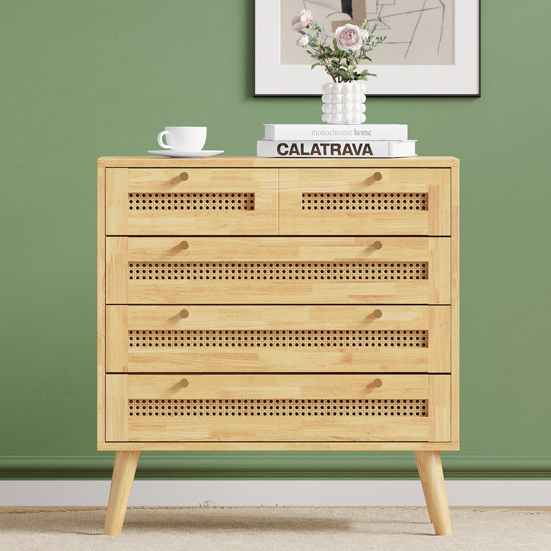 Commode Classique Naturelle avec 3 Tiroirs en Rotin et Compartiment Rabattable INNURS
