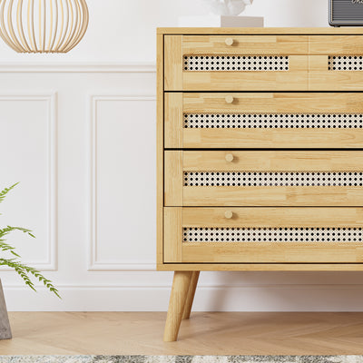 Commode Classique Naturelle avec 3 Tiroirs en Rotin et Compartiment Rabattable INNURS