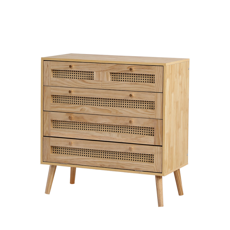 Commode Classique Naturelle avec 3 Tiroirs en Rotin et Compartiment Rabattable INNURS