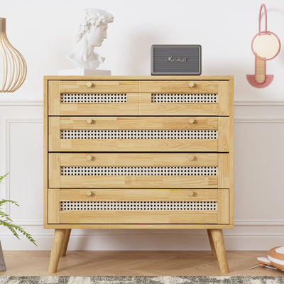 Commode Classique Naturelle avec 3 Tiroirs en Rotin et Compartiment Rabattable INNURS
