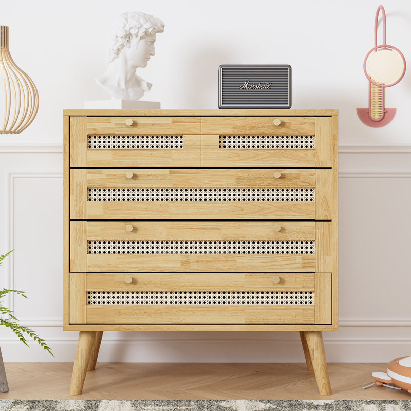 Commode Classique Naturelle avec 3 Tiroirs en Rotin et Compartiment Rabattable INNURS