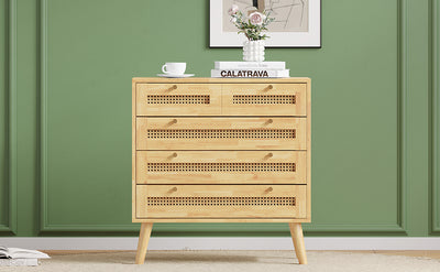 Commode Classique Naturelle avec 3 Tiroirs en Rotin et Compartiment Rabattable INNURS