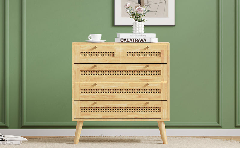 Commode Classique Naturelle avec 3 Tiroirs en Rotin et Compartiment Rabattable INNURS