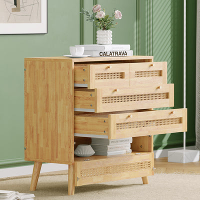 Commode Classique Naturelle avec 3 Tiroirs en Rotin et Compartiment Rabattable INNURS