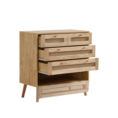 Commode Classique Naturelle avec 3 Tiroirs en Rotin et Compartiment Rabattable INNURS