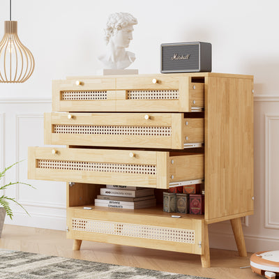 Commode Classique Naturelle avec 3 Tiroirs en Rotin et Compartiment Rabattable INNURS