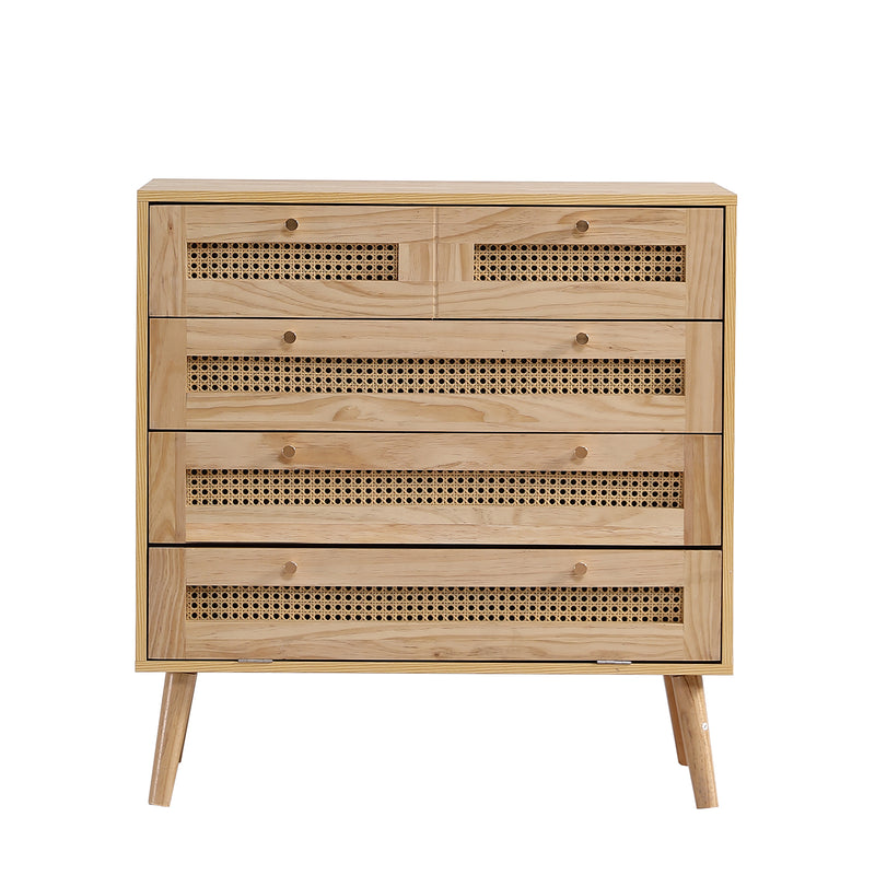 Commode Classique Naturelle avec 3 Tiroirs en Rotin et Compartiment Rabattable INNURS