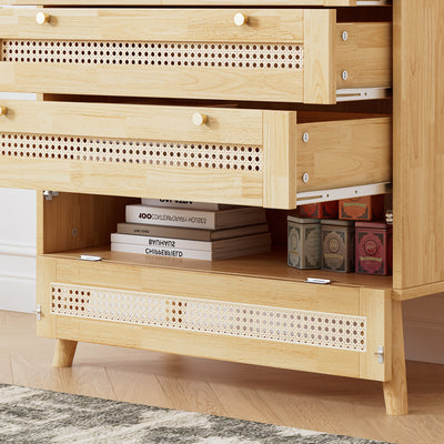 Commode Classique Naturelle avec 3 Tiroirs en Rotin et Compartiment Rabattable INNURS
