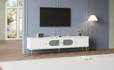 Meuble TV Élégant Blanc avec Portes Rainurées & Vitrées, Pieds Dorés - Pour TV 70-79 pouces KACCIEN