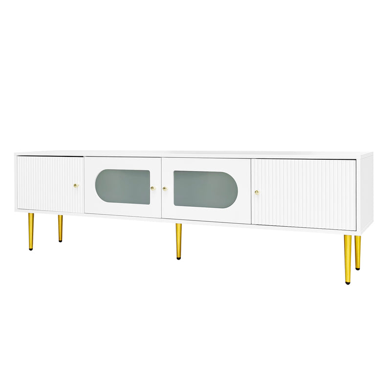 Meuble TV Élégant Blanc avec Portes Rainurées & Vitrées, Pieds Dorés - Pour TV 70-79 pouces KACCIEN