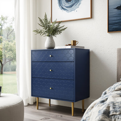 Commode à Tiroirs Bleu Marine avec Motif Écaille de Poisson, Pieds Champagne et Angles Arrondis (H89xL75xP40cm) KAUGZUN