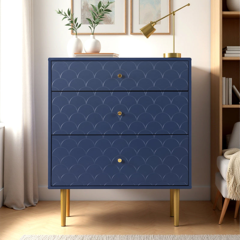 Commode à Tiroirs Bleu Marine avec Motif Écaille de Poisson, Pieds Champagne et Angles Arrondis (H89xL75xP40cm) KAUGZUN