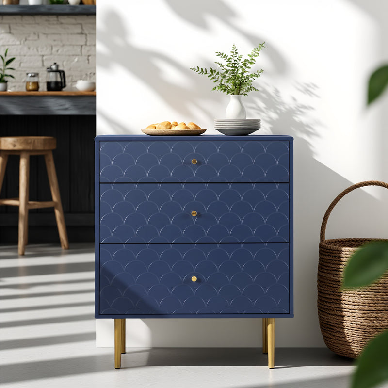 Commode à Tiroirs Bleu Marine avec Motif Écaille de Poisson, Pieds Champagne et Angles Arrondis (H89xL75xP40cm) KAUGZUN