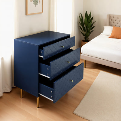 Commode à Tiroirs Bleu Marine avec Motif Écaille de Poisson, Pieds Champagne et Angles Arrondis (H89xL75xP40cm) KAUGZUN