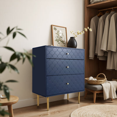 Commode à Tiroirs Bleu Marine avec Motif Écaille de Poisson, Pieds Champagne et Angles Arrondis (H89xL75xP40cm) KAUGZUN