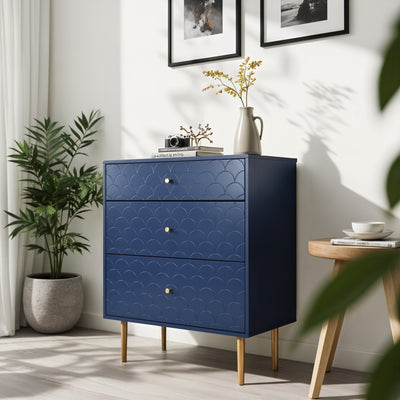 Commode à Tiroirs Bleu Marine avec Motif Écaille de Poisson, Pieds Champagne et Angles Arrondis (H89xL75xP40cm) KAUGZUN