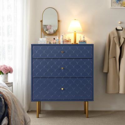 Commode à Tiroirs Bleu Marine avec Motif Écaille de Poisson, Pieds Champagne et Angles Arrondis (H89xL75xP40cm) KAUGZUN