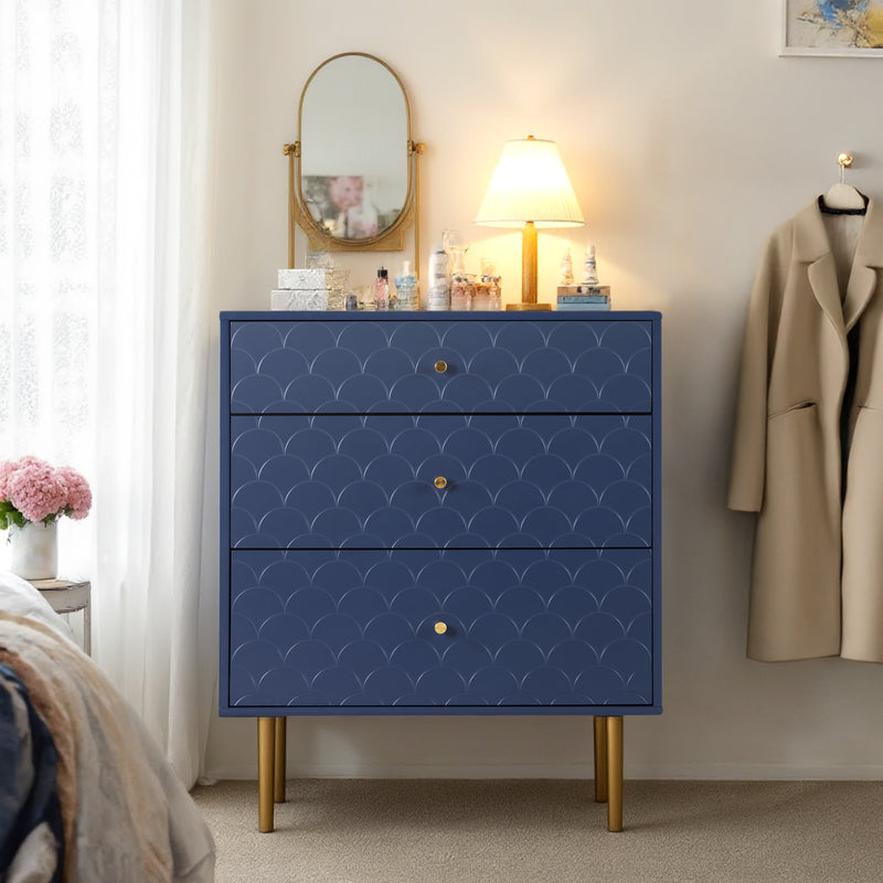Commode à Tiroirs Bleu Marine avec Motif Écaille de Poisson, Pieds Champagne et Angles Arrondis (H89xL75xP40cm) KAUGZUN