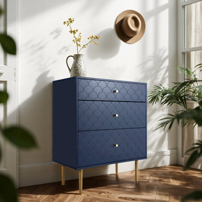 Commode à Tiroirs Bleu Marine avec Motif Écaille de Poisson, Pieds Champagne et Angles Arrondis (H89xL75xP40cm) KAUGZUN
